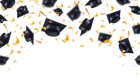 Flying graduation caps with confetti. School, college or university achievement celebration frame with students hats, education template realistic vector 3D illustrationのイラスト素材