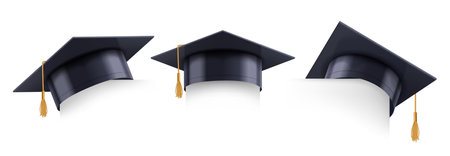 Graduation cap corner. Graduate student hat border template for education banner design realistic vector 3D illustration setのイラスト素材