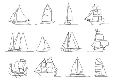 One continuous line sailing ship. Hand drawn different types of sailboat, ships and sailing yacht isolated vector illustration setのイラスト素材