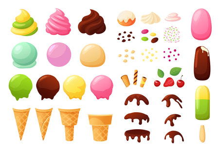 Create your own ice cream. Sundae constructor with different flavours, waffle cone, chocolate topping, sprinkles and berries vector setのイラスト素材