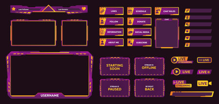 Gaming stream overlay. Futuristic UI graphic frames for game screen, neon color camera border and live chat template. Follow and donate buttons vector setのイラスト素材