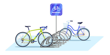 Bicycle parking area. Public bike rack with parking sign and parked bicycles. Ecologic city transport vector illustrationのイラスト素材