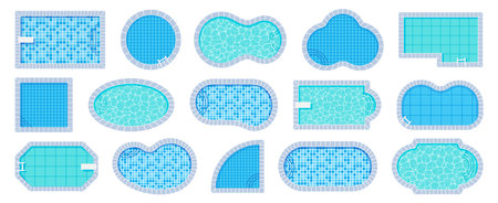 Top view pool. Swimming pools of different shapes with tile and water caustics texture vector illustration setのイラスト素材