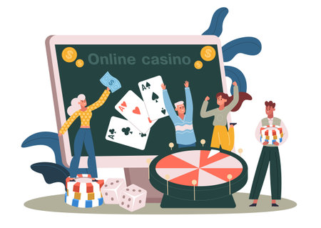 Internet casino winners. Man and woman characters playing roulette with slots, cards. Online gambling conceptのイラスト素材