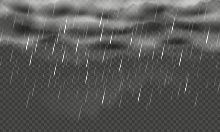 Raining day background. Wet weather, rainy sky with clouds and falling raindrops. Isolated rainfall overlay realistic vector illustrationのイラスト素材