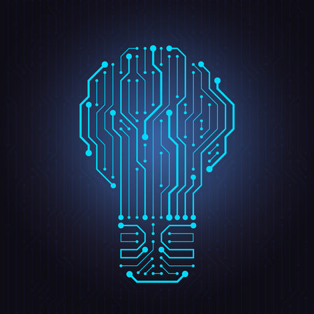 Circuit board light bulb. Tech idea, digital artificial Intelligence thought and computer electronics lamp shape vector symbolのイラスト素材