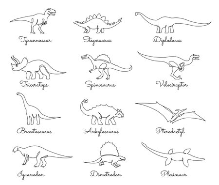 Continuous one line dinosaur. Prehistoric animals, jurassic dino monsters. giant reptiles vector illustration setのイラスト素材