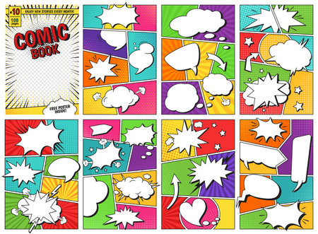 Comic book templates. Comics magazine cover and pages grid layouts with speech balloon frames vector setのイラスト素材