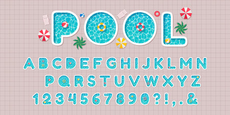 Pool party font. Swimming pools alphabet letters and numbers with water surface texture, beach umbrellas and swim rings vector setのイラスト素材