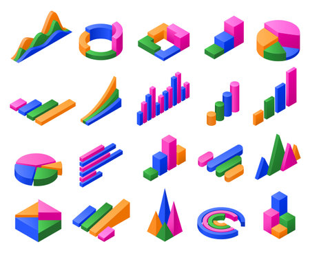 Isometric charts. Infographic 3D diagram, color chart graphs for business data or finance statistics presentation vector illustration setのイラスト素材