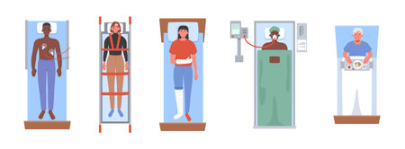 Top view hospital patients. Defibrillation, ambulance cart, person with fractures, surgery and elderly patient with food on tray vector setのイラスト素材