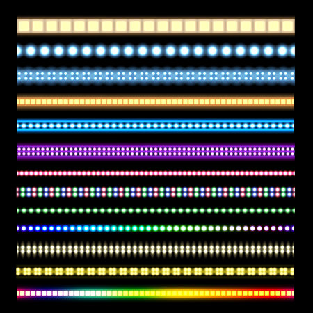 Light stripes. Glowing LED lights on tape, neon glow light effect and seamless garlands border vector setのイラスト素材
