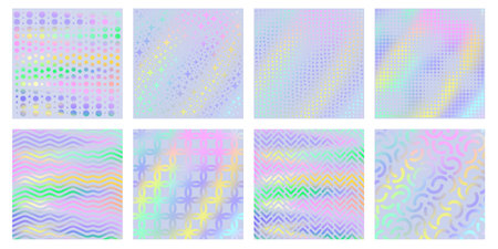 Holographic textures. Magic unicorn holo gradient with geometric patterns, iridescent rainbow colors backgrounds vector setのイラスト素材