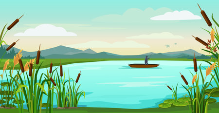 Cartoon lake landscape. Fisherman fishing in boat on pond with reeds, catching fish. Nature vector background illustrationのイラスト素材