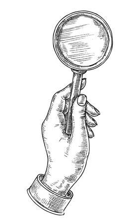 Sketch hand holding magnifying glass. Equipment for investigation, detective examining or having inspectionのイラスト素材