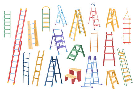 Cartoon ladder. Different types of stepladders, tall ladders for scaling new height isolated vector illustration setのイラスト素材