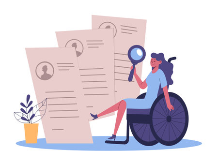 Analyzing cv handicapped character. Cartoon young woman in wheelchair holding magnifying glass and checking resumeのイラスト素材
