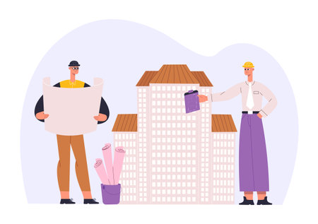 Architectural project workers. Men construction engineers holding blueprints. Team planning building, real estatesのイラスト素材