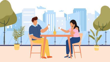 Couple people on love romance dating in outdoor cafe. Female and male cartoon characters sitting at tableのイラスト素材