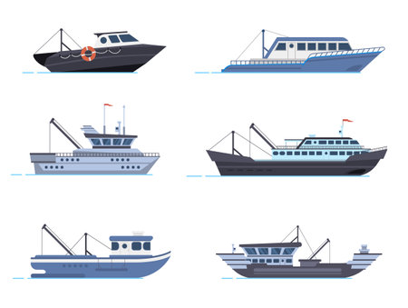 Fisherman boat, commercial vessels. Transportation on sea or ocean. Fish catching transport, water vehicles for logisticのイラスト素材