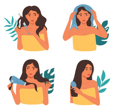 Hair care. Girl applying beauty caring products, blow dry hair and hairstyle styling. Female character curling hairのイラスト素材