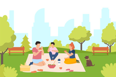 Picnic in park. Friends eating salad and drinking tea. Male and female characters spending leisure timeのイラスト素材