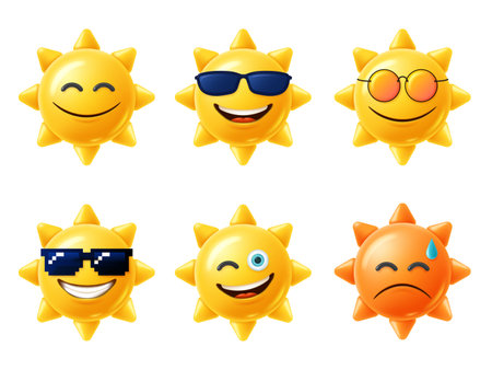 Sun 3D character. Happy yellow sun emoji with smiled face and sunglasses, hot summer season vector illustration setのイラスト素材