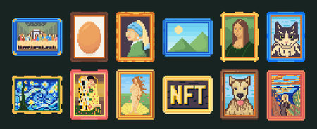 Pixel art framed paintings. Pixelated picture, 8-bit drawing image and digital art gallery vector...