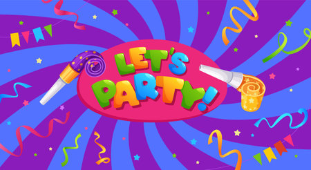Lets party banner. Colorful type lettering with party horns and confetti, surprise celebration cartoon vector illustrationのイラスト素材