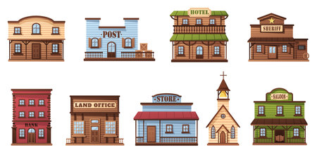 Wild west buildings. Western town houses, wooden saloon and sheriff office city building vector illustration setのイラスト素材