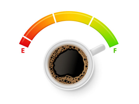 Coffee fuel. Espresso cup full of power, full energy level and gas gauge for caffeine lovers vector illustrationのイラスト素材