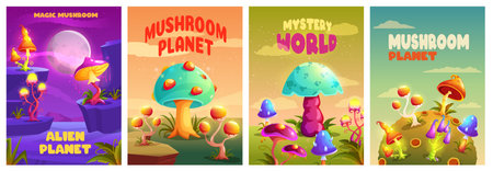 Fantastic mushrooms posters. Mystery magic space fungus planet background, bizarre alien mushroom flyer and groovy psychedelic trippin sticker vector illustration setのイラスト素材