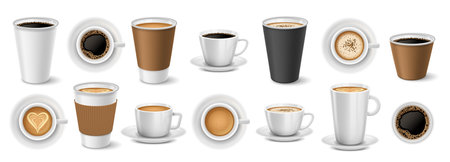 Realistic coffee to go cups. Coffee shop paper and ceramic cup mockups, takeaway cappuccino, latte and espresso 3D vector illustration setのイラスト素材