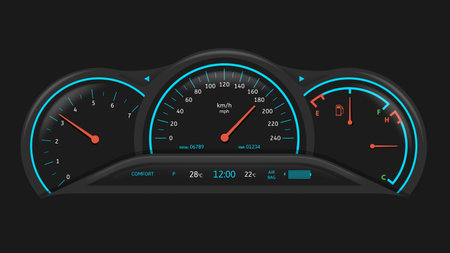 Car dashboard. Vehicle performance monitoring indicators and gauges, fuel level and speedometer ui vector illustrationのイラスト素材
