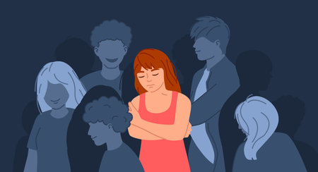 Depressive crowd. Social loneliness, sadness, and exhaustion. Depressed girl int crowd of indifferent people vector illustrationのイラスト素材