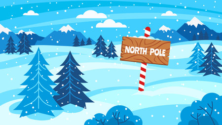 North Pole sign. Snowy forest woods landscape with location pointer, cartoon winter background for festive Christmas vector illustrationのイラスト素材