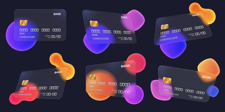 Transparent bank card. Abstract glass credit card template with blurred gradient shapes vector mockup illustration setのイラスト素材
