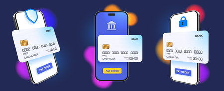 Mobile banking. Smartphone mockup with bank card template for banking app promotion, secure online payments 3D vector illustration setのイラスト素材