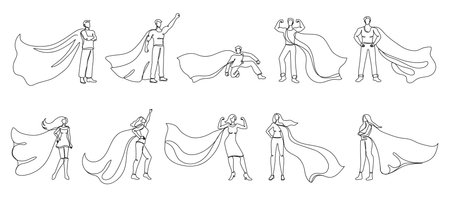 Continuous one line superheroes. Super woman and man with hero cloth cape, strong leader in superhero pose vector illustration setのイラスト素材