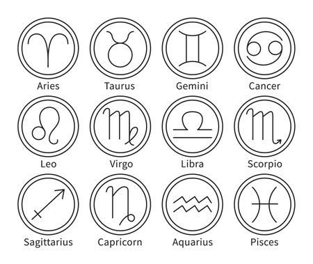 Zodiac signs. Horoscope astrology symbols, minimalist line art astrological spiritual icons vector setのイラスト素材