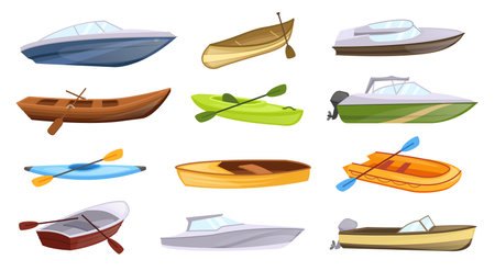 Cartoon boat types. Marine boats with paddles, color canoes and powerboat for fishing vector illustration setのイラスト素材