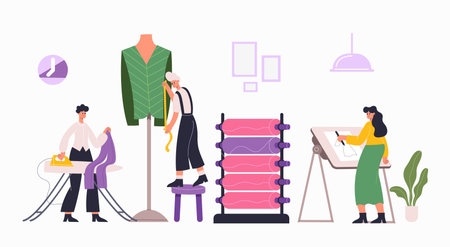 Fashion atelier workers, sewing, dressmaking workshop interiorのイラスト素材