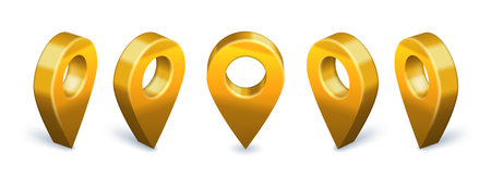 Golden locator pin 3D icon. Location map pointer rotation animation, gold metallic navigational markers and premium find us symbol vector setのイラスト素材