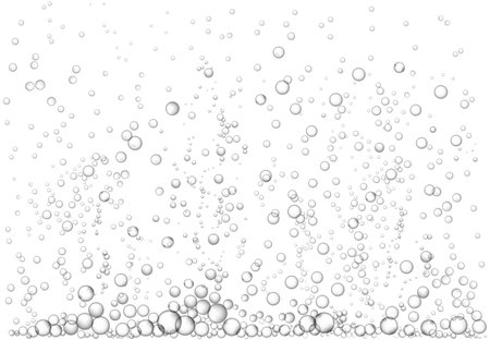 Fizzing bubbly water effect. Transparent rising air bubbles, boiling liquid with stream of steam. Sparkling drink vector background illustrationのイラスト素材