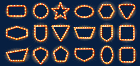 Retro frames with lights. Vintage sign with light bulbs, different shape signboards and lightbox banner with lamps on frame vector setのイラスト素材