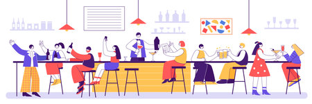 Bar party. People drinking at restaurant bar counter, celebration at pub interior and alcohol cocktails from bartender vector illustrationのイラスト素材