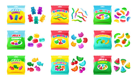 Cartoon jelly sweets. Cute candy variety pack of multicolored jelly beans, gummies and candy worms with packaging vector setのイラスト素材