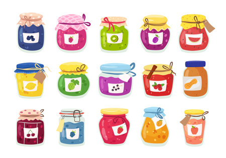 Homemade jams in glass jars. Gourmet sweet meals from berries, fruit preserves and peanut butter. Tasty jam isolated vector collectionのイラスト素材