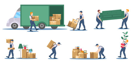 Moving service. Delivery service workers loading boxes and sofa into truck, residential move logistics cartoon vector illustration setのイラスト素材