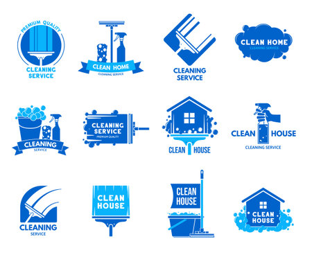 Cleaning service emblem. House cleaning company badges, professional templates with cleaning equipment vector setのイラスト素材